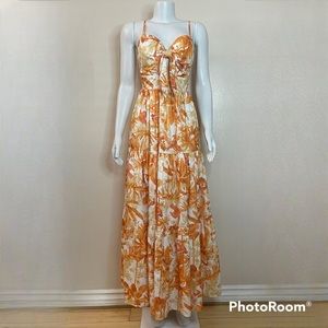 Orange white Shirred back twist front ruffle hem cutout maxi dress